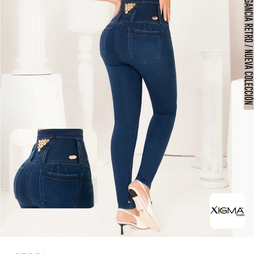 Jeans Colombianos Xigma Booty Curve Gold Decorated High Waisted.  Size  12 NWT - Picture 2 of 12